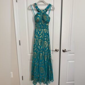 Aidan Mattox Teal and Gold Silk Formal Maxi Dress- size 2